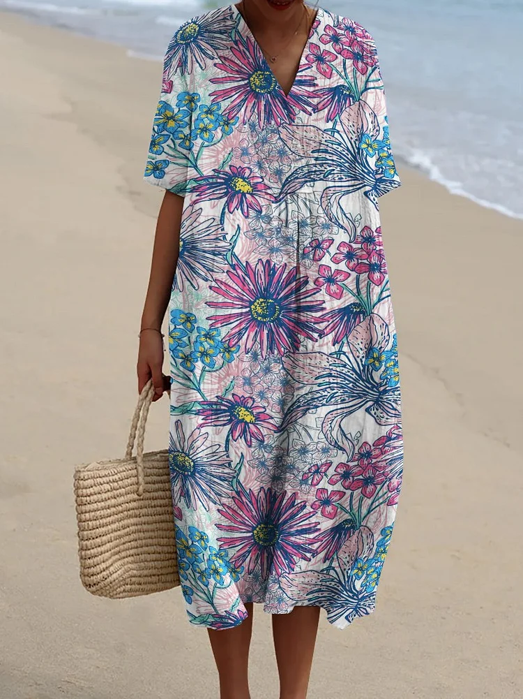 Bright Colorful Line Drawing Floral Decorative Pattern Flowy Dress