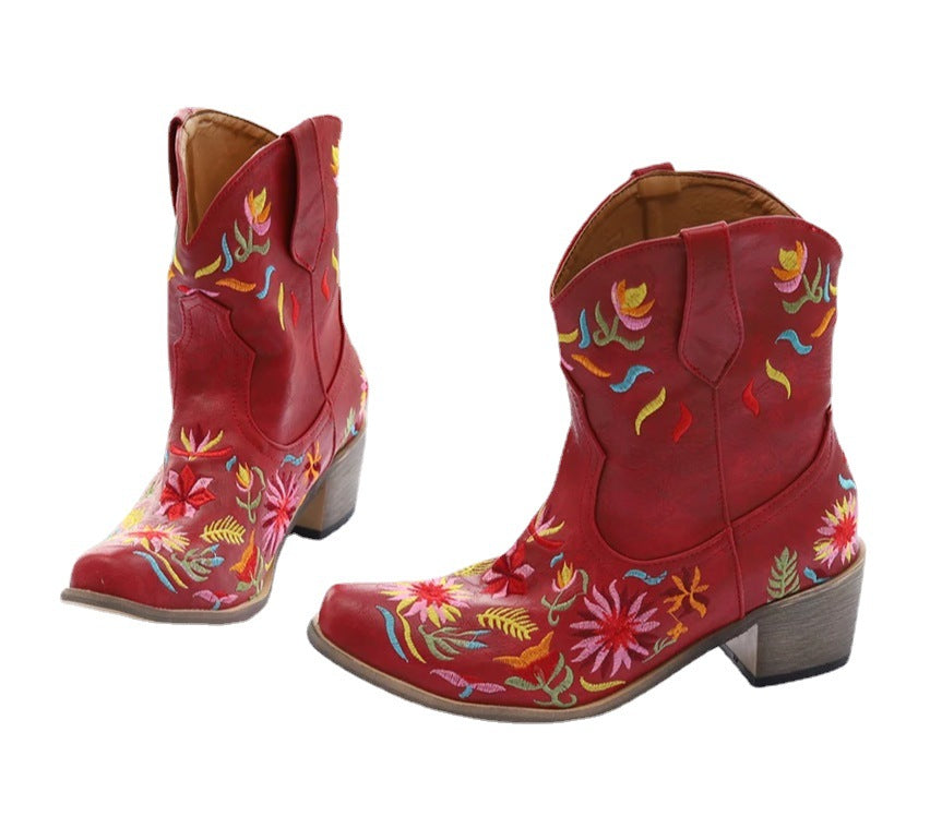 Flower embroidery stacked heels short cowboy boots for women