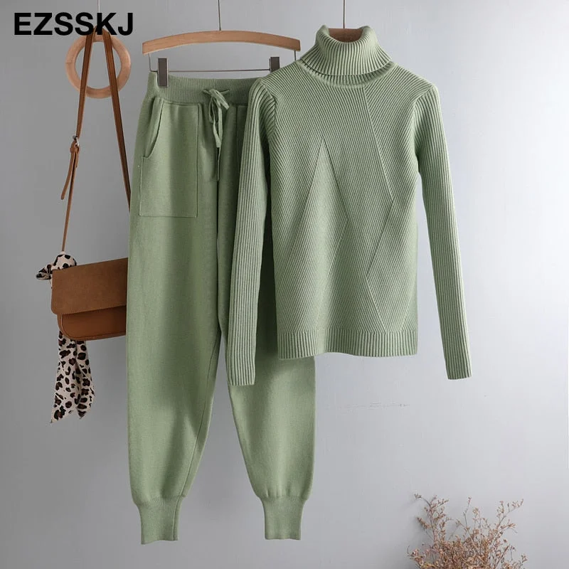 turtleneck sweater 2 Pieces Set 2020 women chic Knitted Pullover top + Sweater pants  Jumper Tops+ trousers  sweater suits