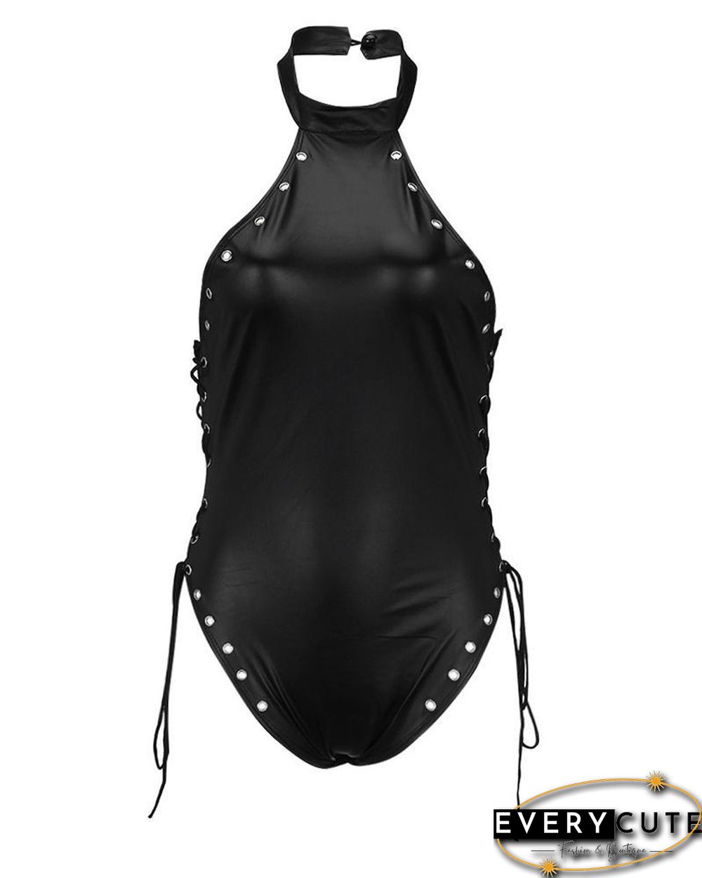 Halter Eyelet Lace-up PU Leather Bodysuit P12226