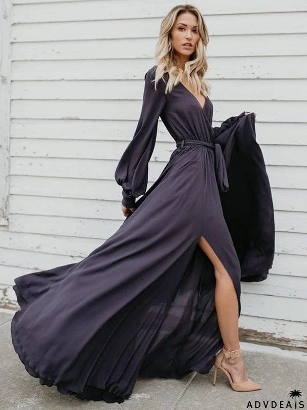 V-neck Long Sleeves Belted Maxi Dress