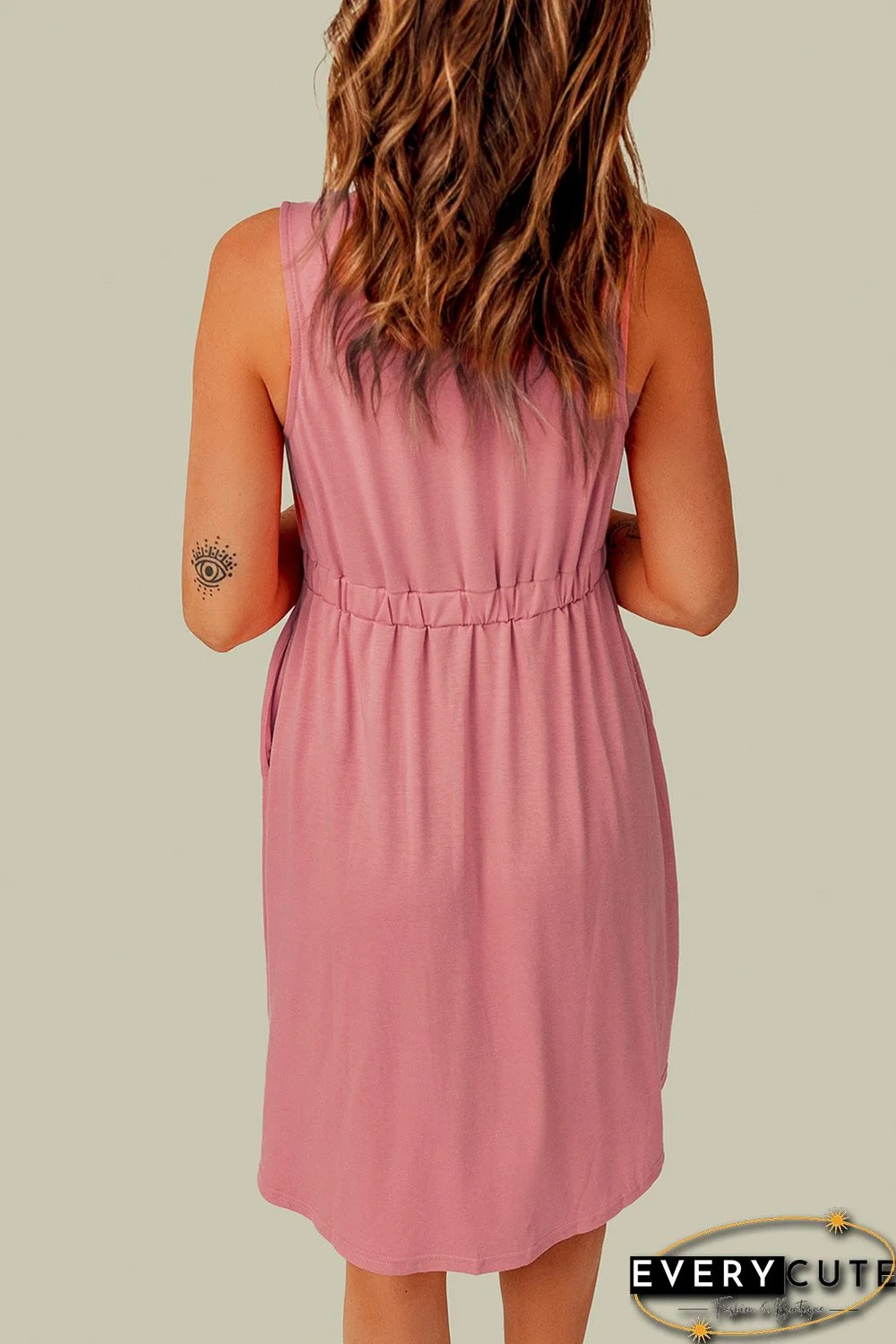 Pink Buttons Sleeveless High Waist Mini Dress