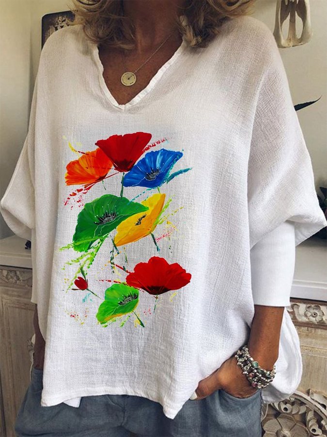 Women's Oil Painting Floral Print Casual T-Shirt