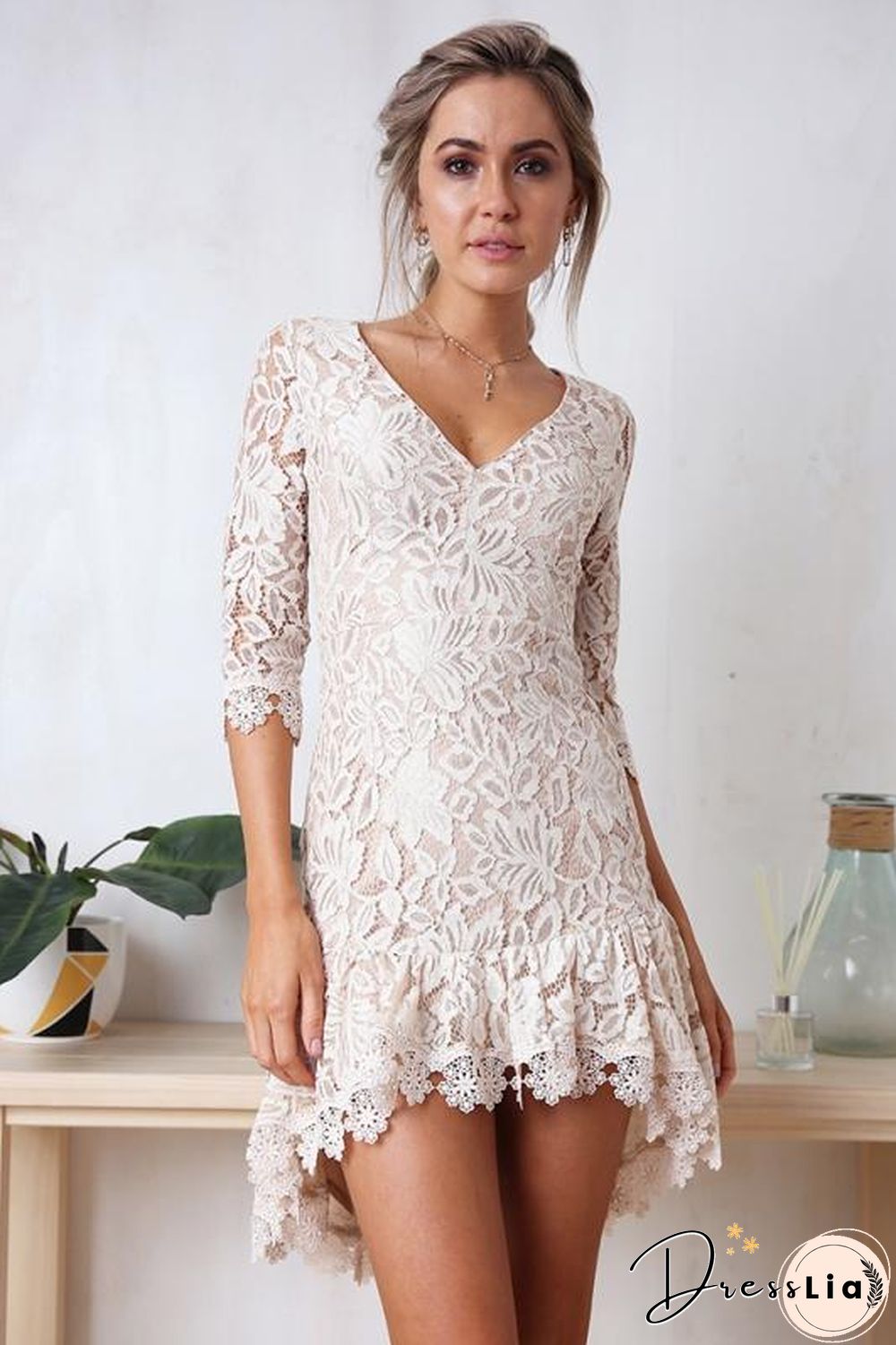 Women'S Lace V-Neck Mini Dress