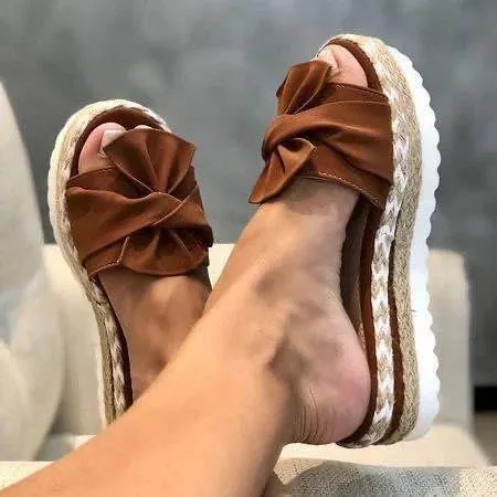 Breakj Breakj New Bow One Word Thick Bottom Slope And Hemp Rope Large Size Women Sandals Quality Assurance