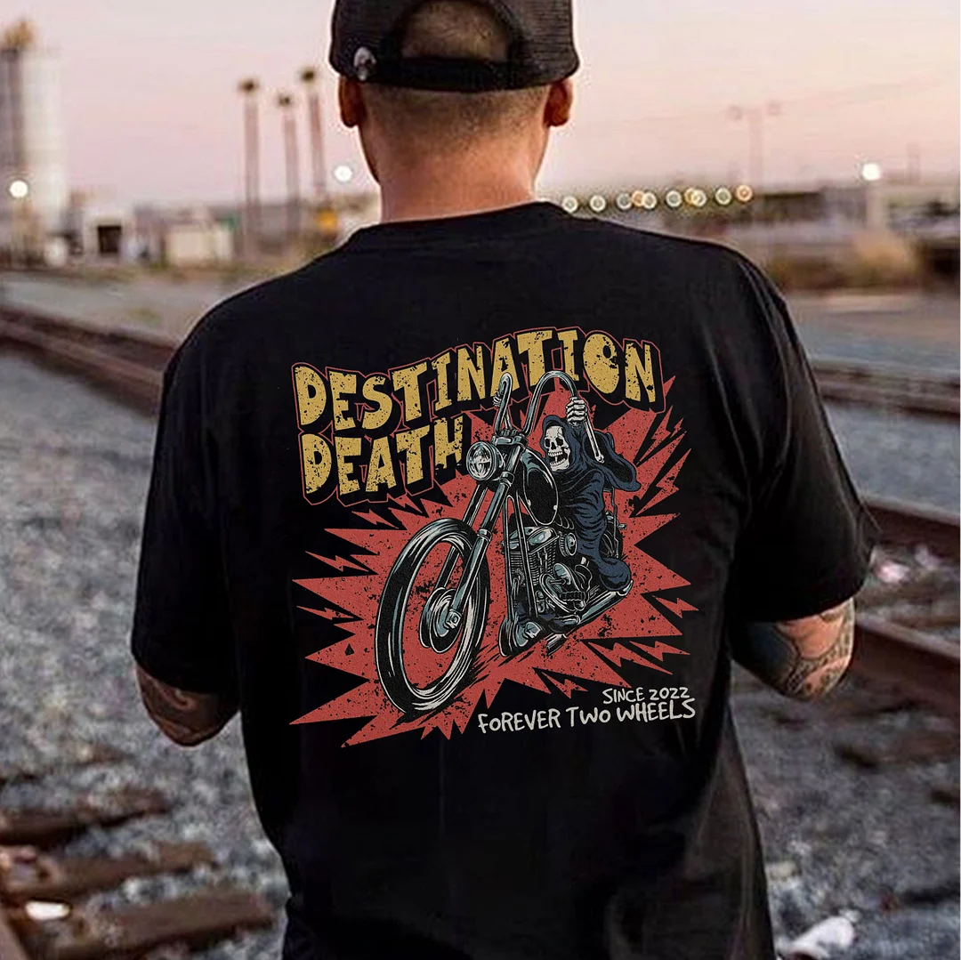 DESTINATION DEATH Skull Riding Black Print T-Shirt