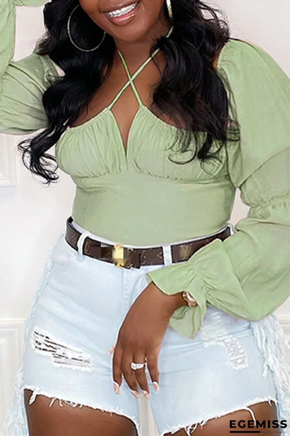 Green Fashion Casual Solid Fold Halter Tops | EGEMISS