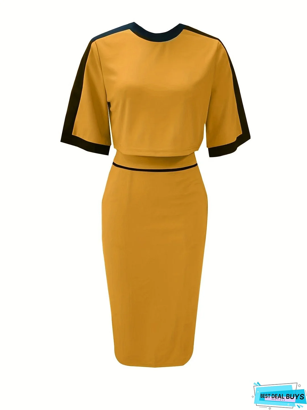 Contrast Trim Two-piece Skirt Set, Half Sleeve Crop Top & Elegant Bodycon Skirt Outfits, Women's Clothing