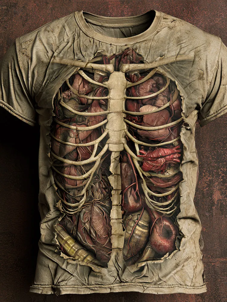 Men's Halloween Human Organ And Skeleton Art Distressed Crewneck T-shirt