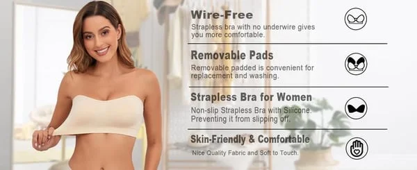 Strapless Bras for Women, Non-Slip Silicone Padded Bandeau Bra