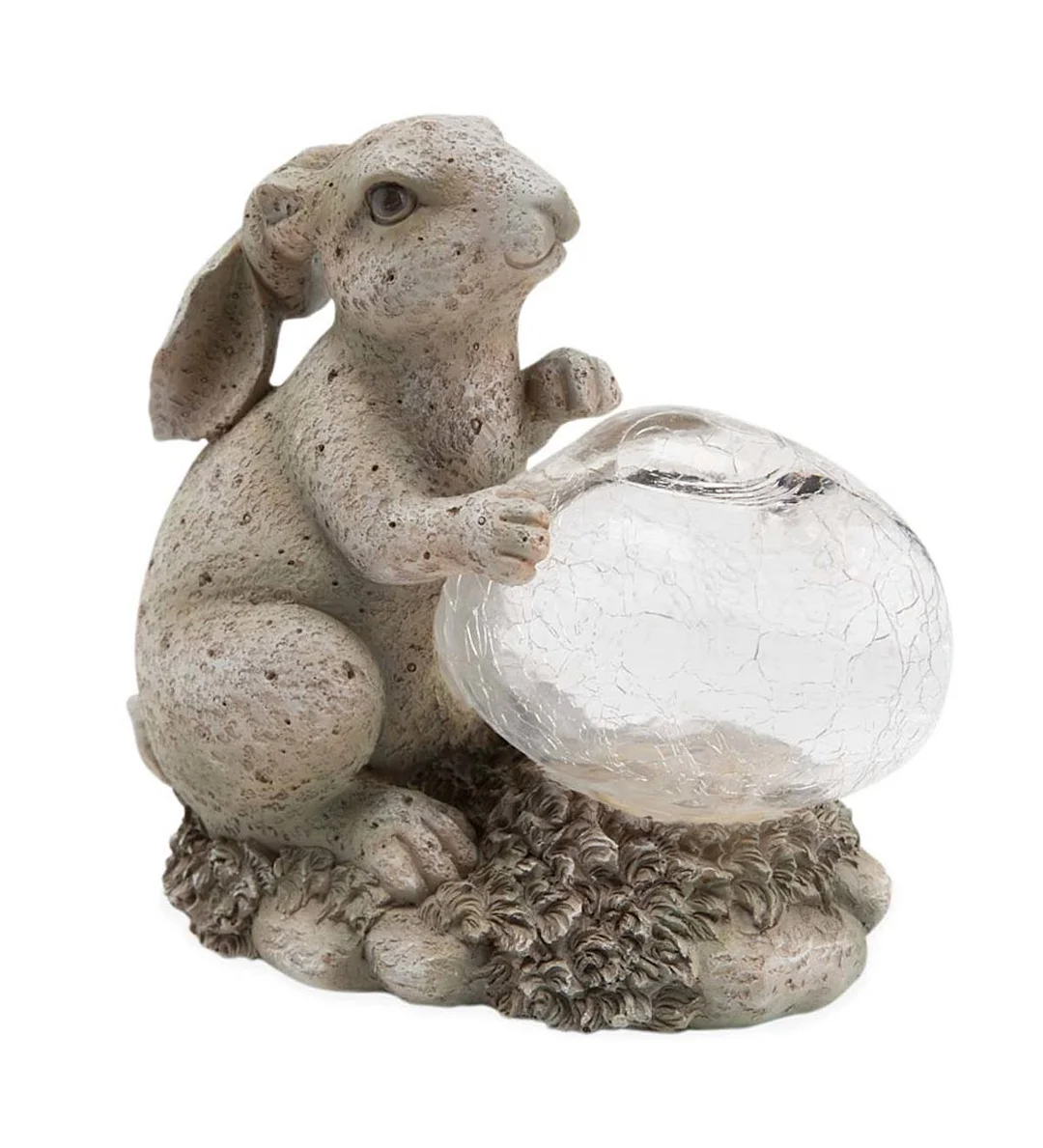 Bunny Sculpture With Solar Lighted Crackle Glass Orb
