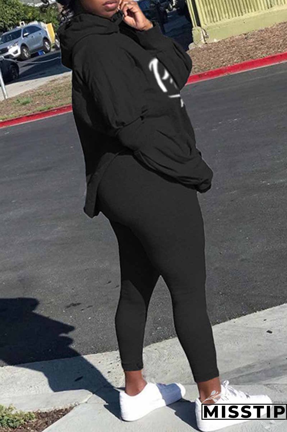 Black Casual Print Letter Hooded Collar Long Sleeve Two Pieces
