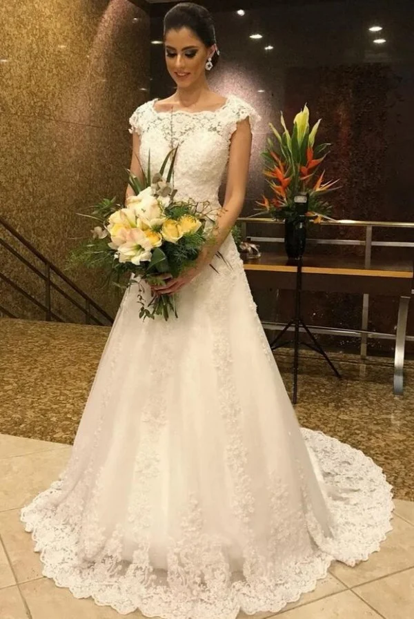 A-Line Jewel Floor Length Long Wedding Dress Lace