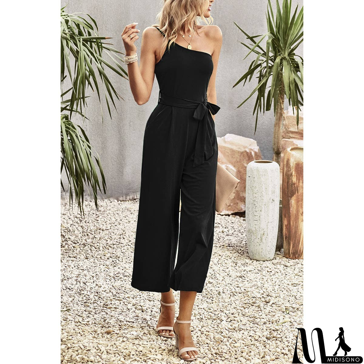 MidiSono - One Shoulder Belt Knot High Waist Jumpsuit