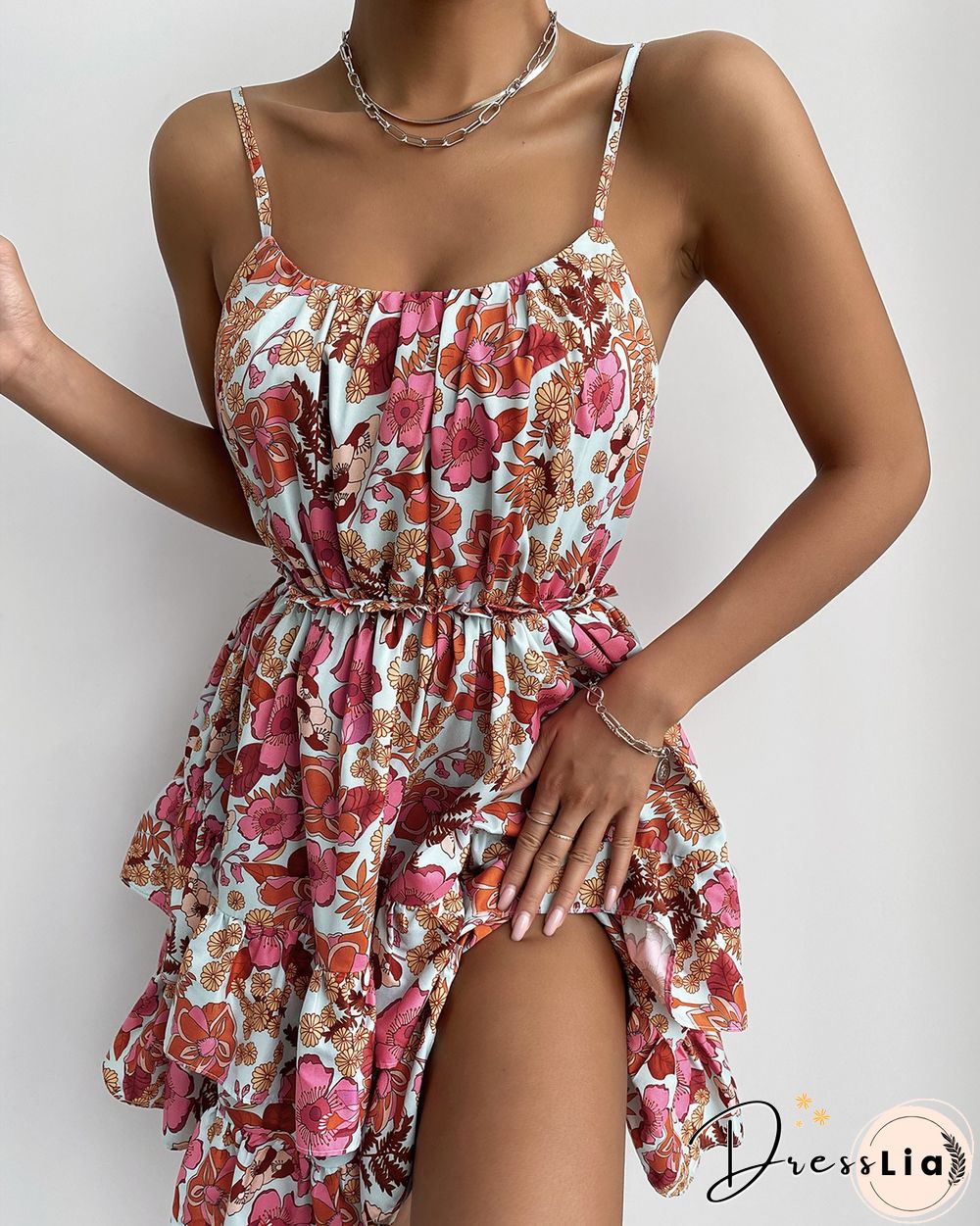 Floral Print Ruffle Hem Ruched Cami Dress