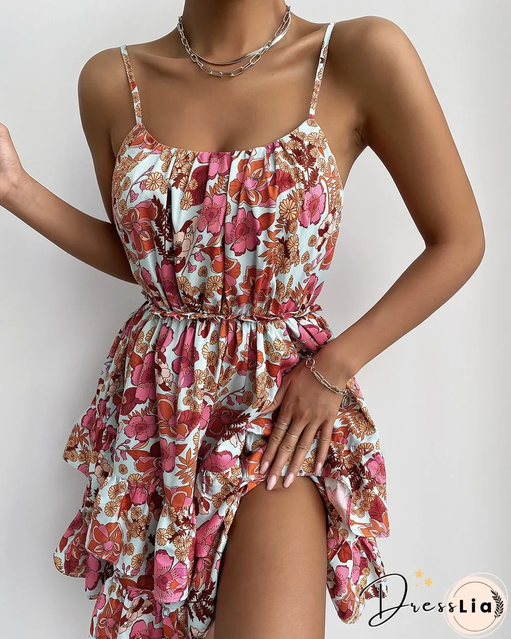 Floral Print Ruffle Hem Ruched Cami Dress