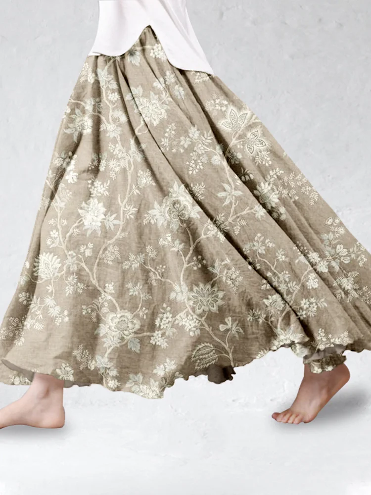 Vintage Floral Pattern Linen Blend Flowy Wide Skirt