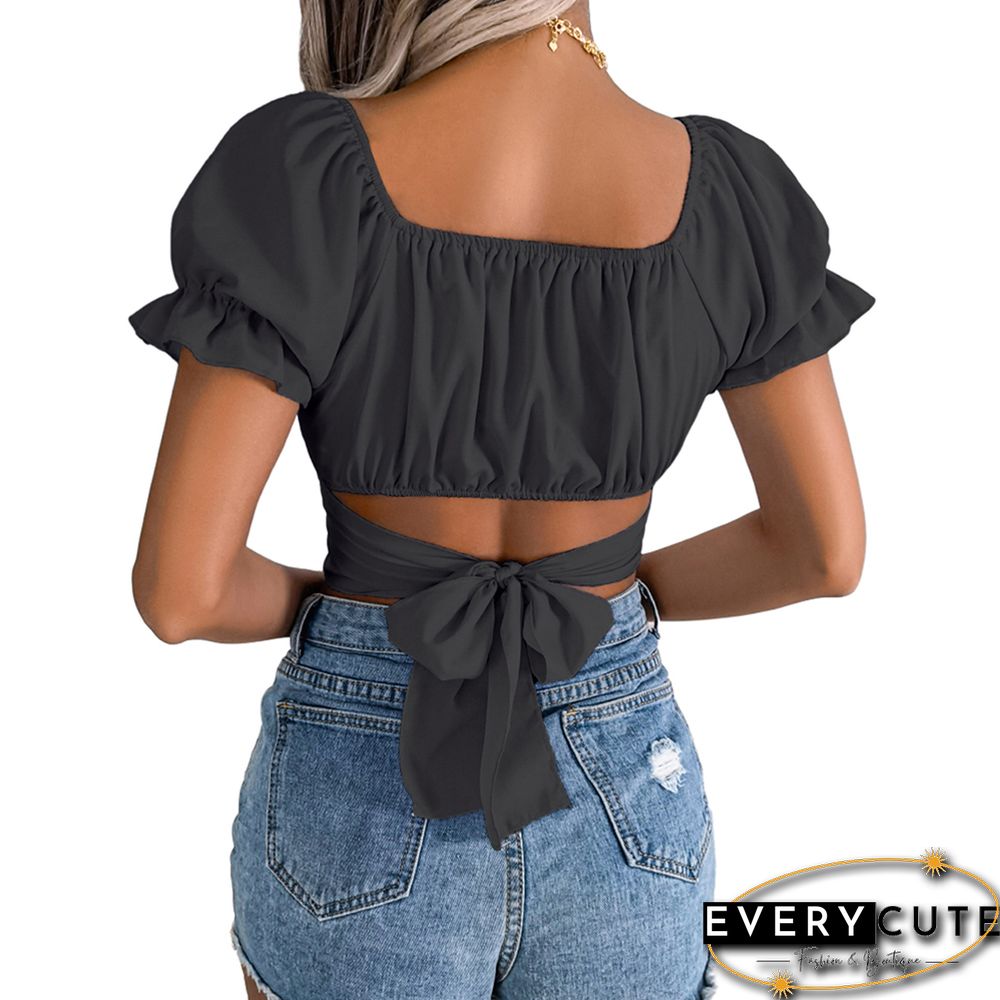 Black Back Lace-up Slim Waist Chiffon Crop Tops