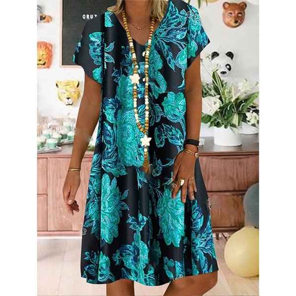 Deep V Neck Short Sleeve Women Casual Plus Size Loose Printed Dress Summer - Shop Trendy Women's Clothing | LoverChic