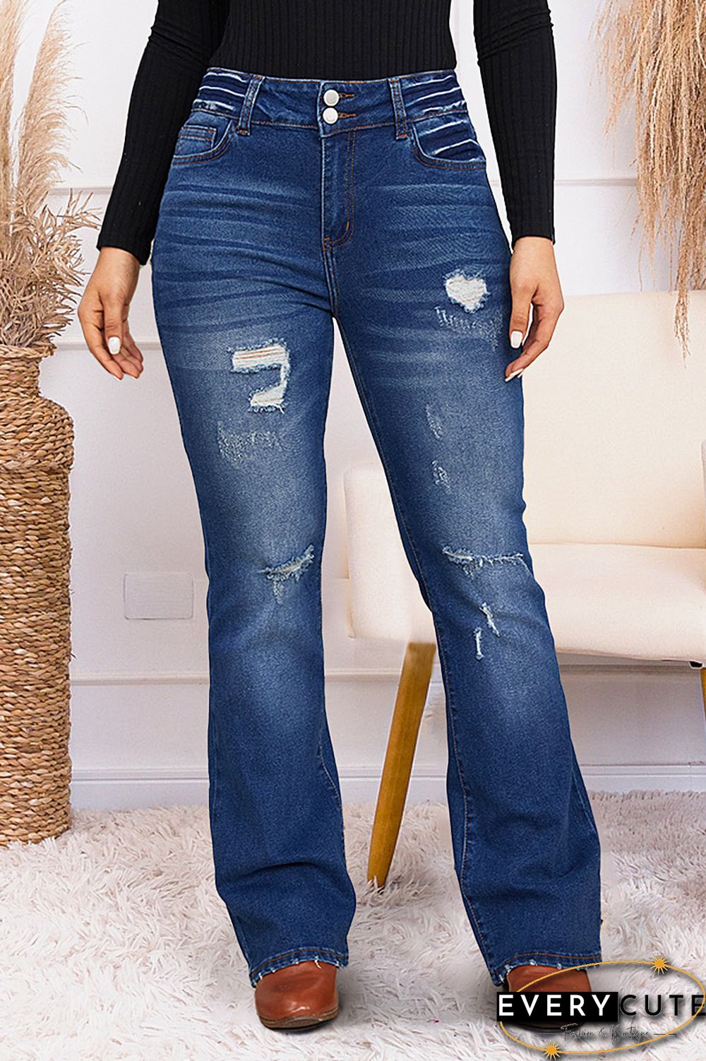 Ripped Dual Button Mid Waist Flare Jeans