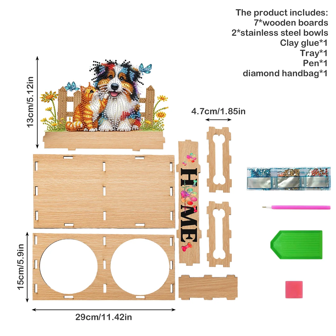 Diamond Painting Food Bowl with Wood Stand Diamond Art Dog Bowl for Small Dogs