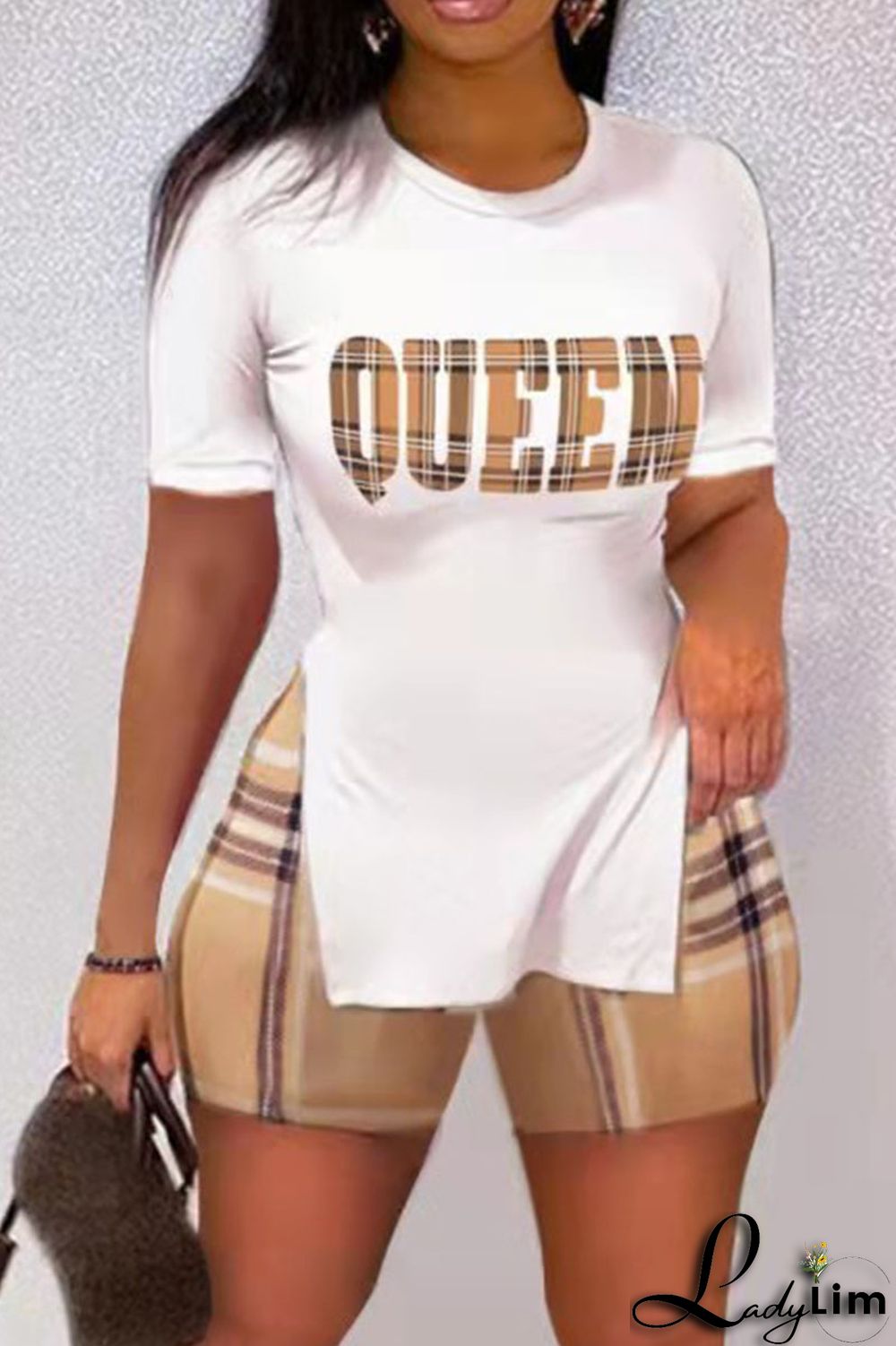 White Casual Print Patchwork Slit O Neck Short Sleeve Two Pieces