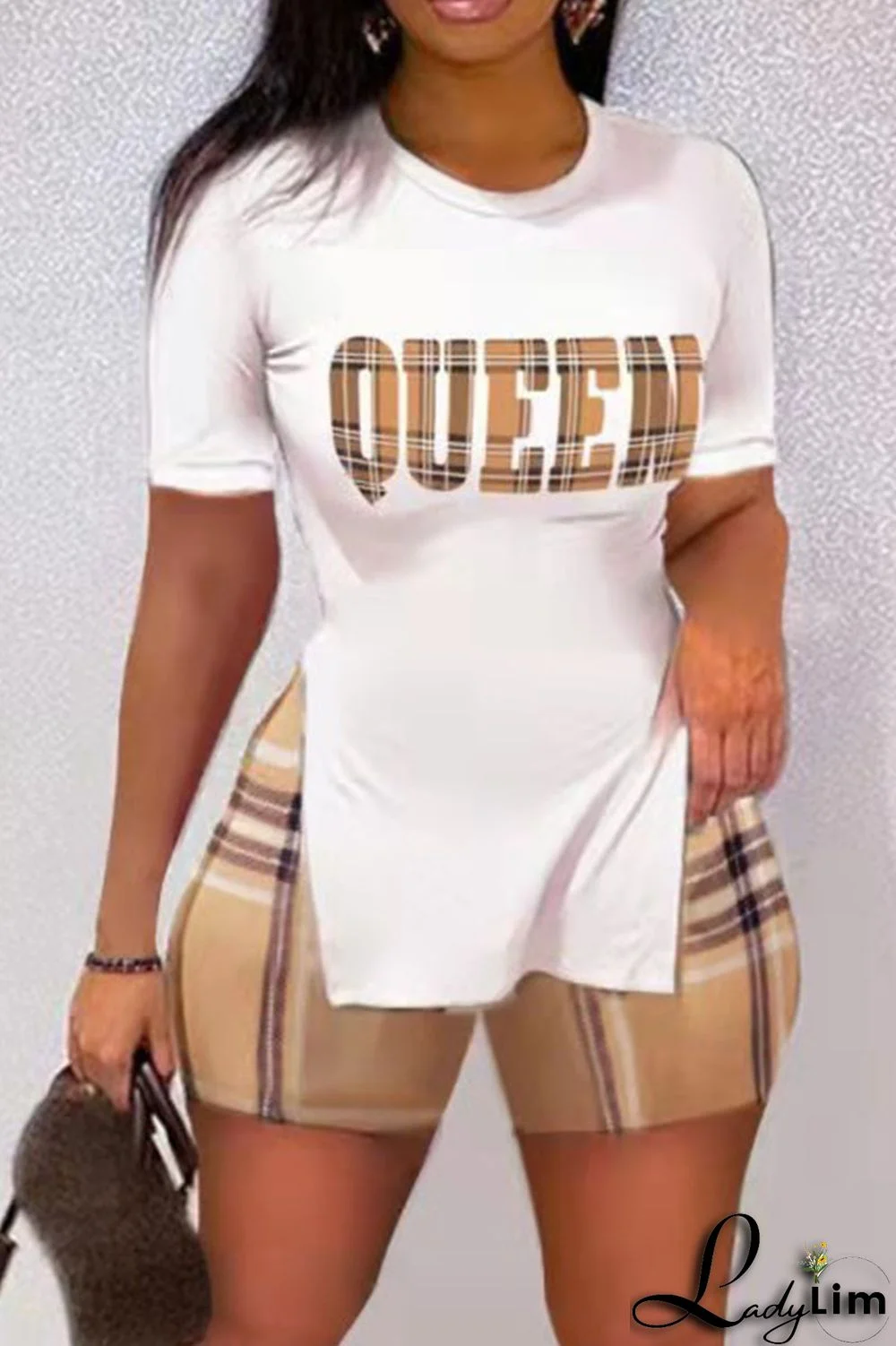 White Casual Print Patchwork Slit O Neck Short Sleeve Two Pieces