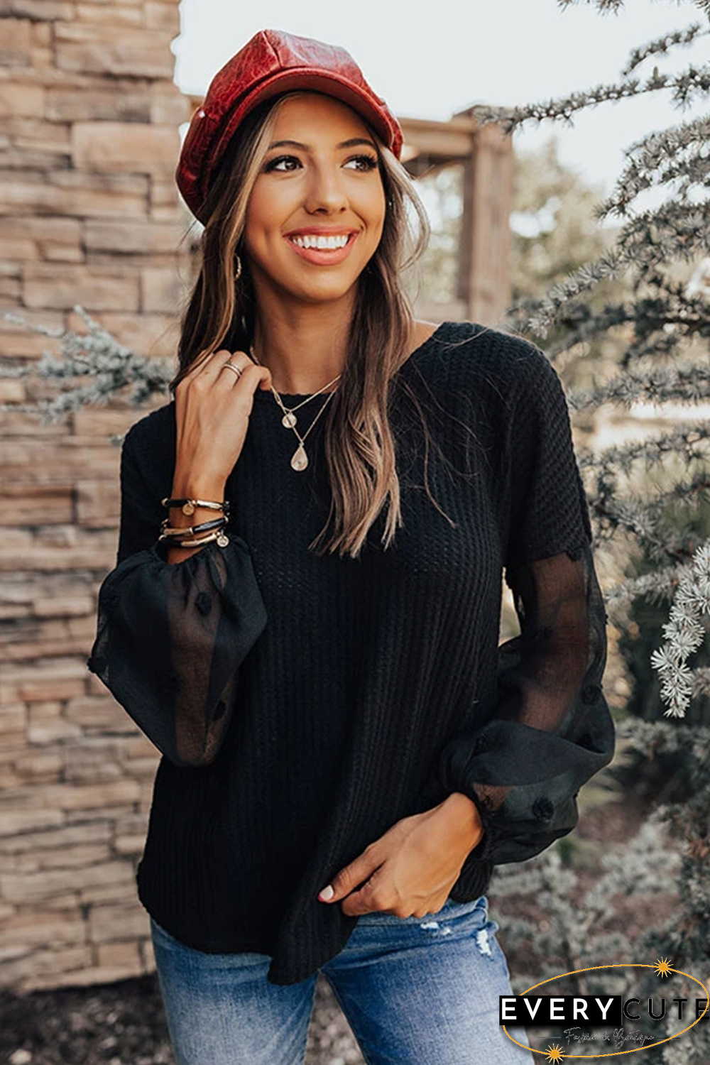 Polka Dot Mesh Sleeve Waffle Knit Top