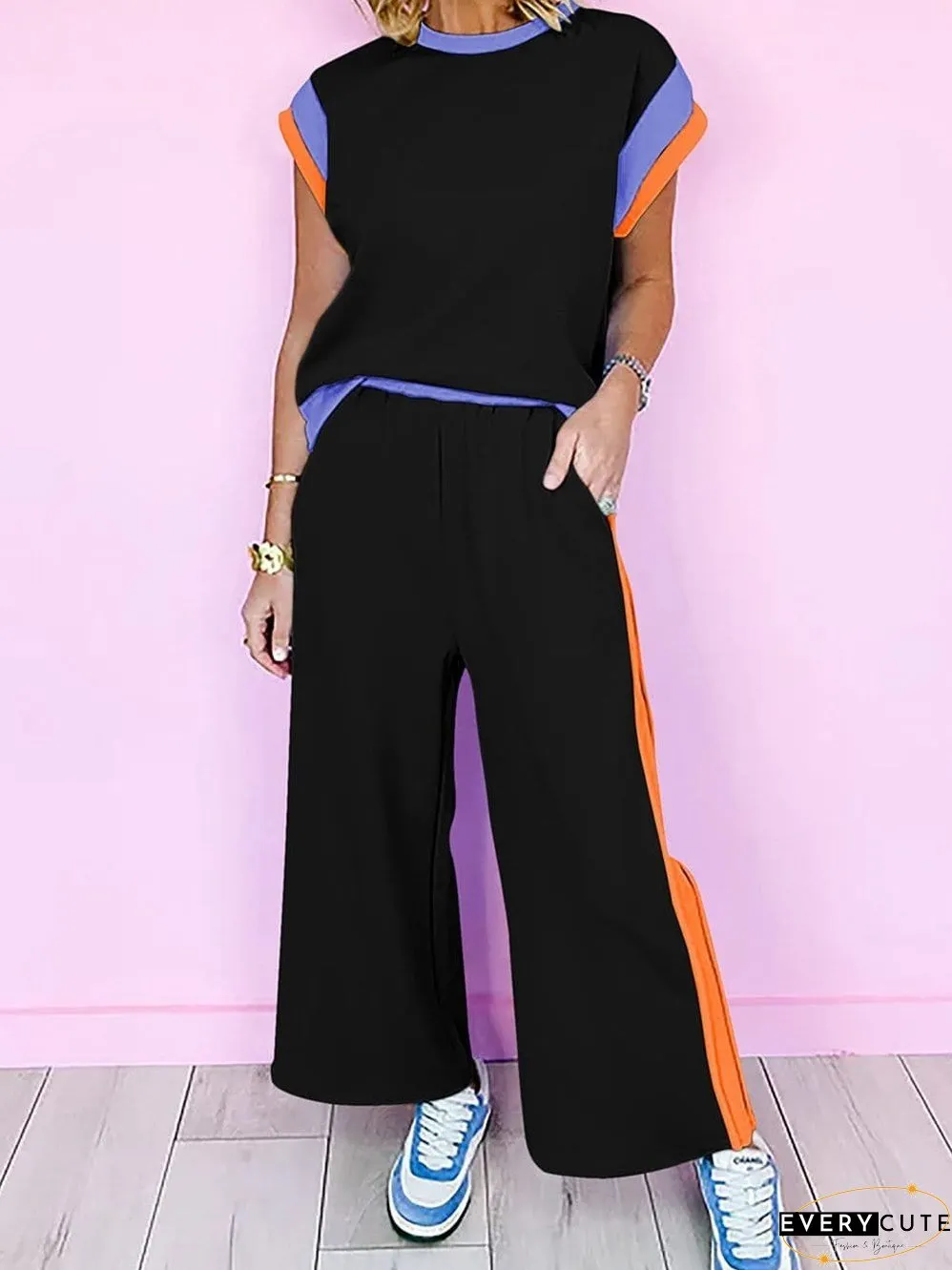 Chic Black Color Block Two-Piece Set