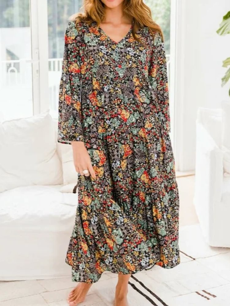 Women's Fashion New Long Sleeve Printed V-neck Maxi Dress
