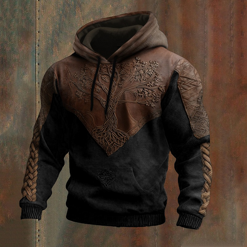 Men's Vintage Viking Tree Of Life Patchwork Casual Hoodie elevenforest