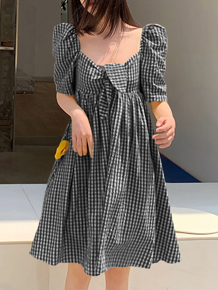Plaid Puff Sleeve Knee Length Knotted Casual Dress - BlackFridayBuys