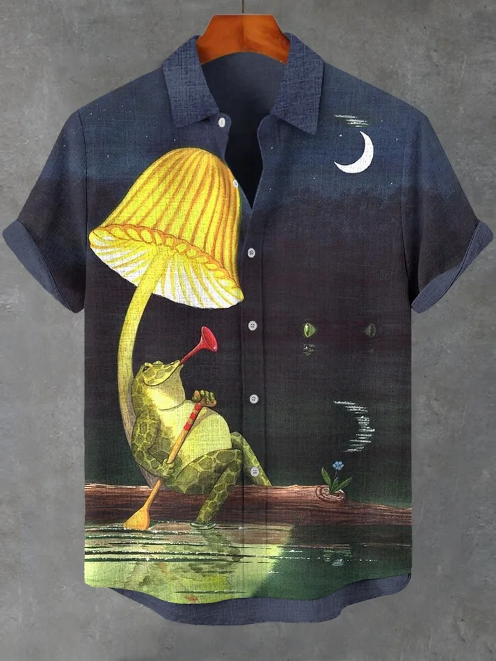 Men's Midnight Cozy Frog Moon Art Print Casual Shirt