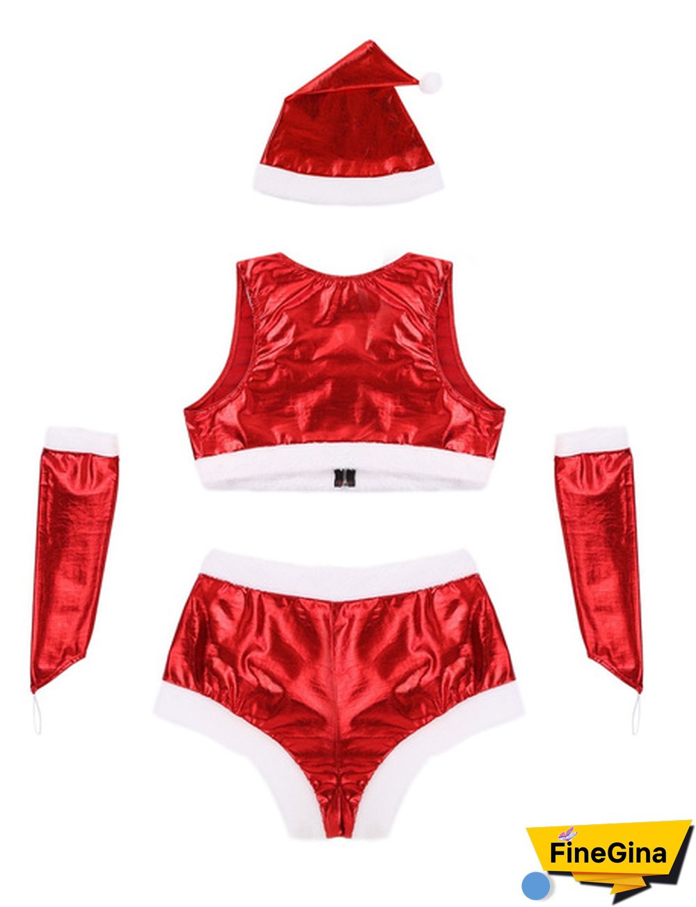 Women Adults Santa Christmas Babe Costume Sleeveless Shiny Metallic Crop Top Zip Up Buckled Shorts 4Pcs Outfit #S-XL