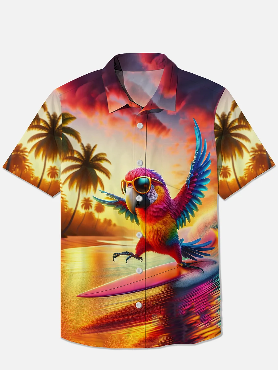Hawaiian-Style Playful Parrot Surfing Printing Breast Pocket Short Sleeve Shirt PLUSCLOTHESMAN