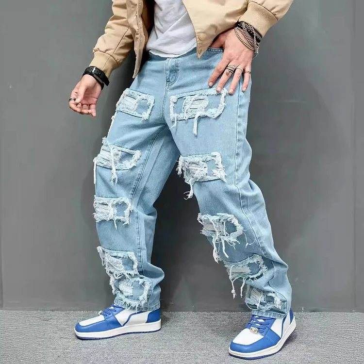 Ripped Patch Spliced Hip Hop Jeans Streetwear Loose Straight Denim Pants Trousers at Hiphopee