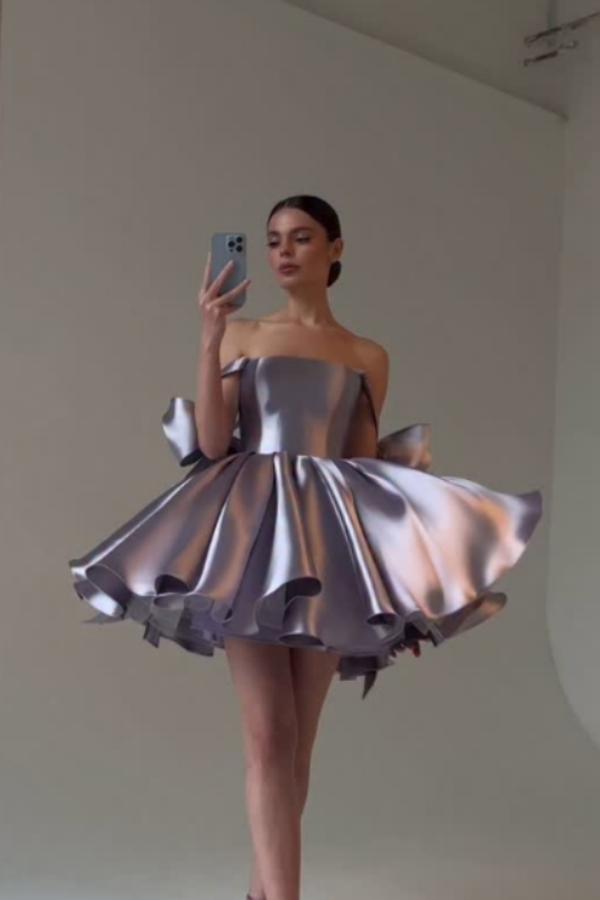 Ovlias Glamorous Lilac Off-Shoulders Homecoming Dress Pleated with Bow Knot CH0036