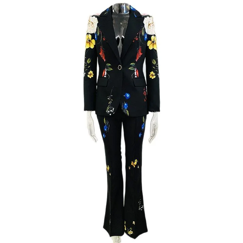 Nigikala Nigikala New Star Temperament Fashion Digital Print A Buckle Suit Horn Trousers Set