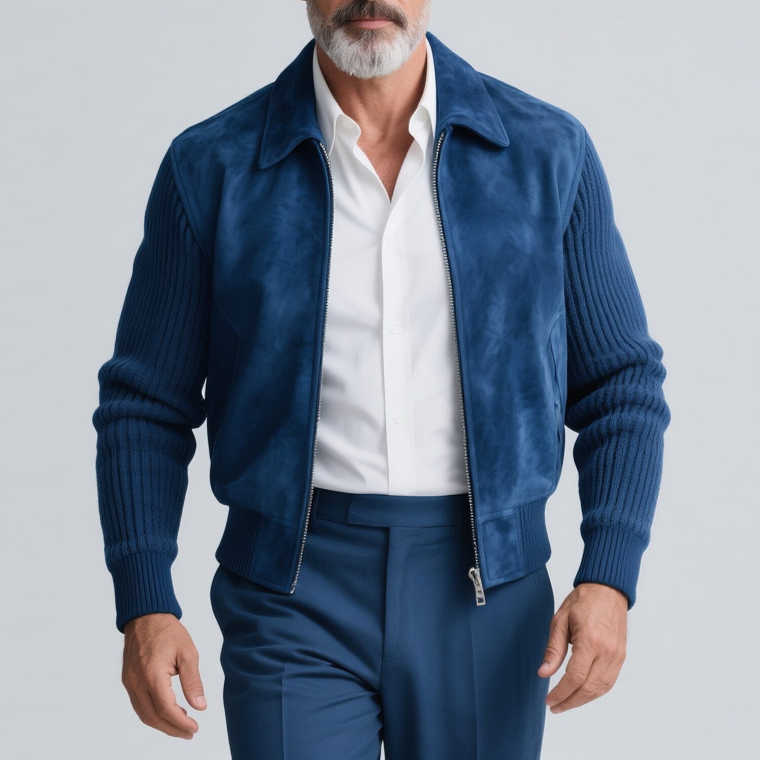 Men's Knitted Long Sleeves Turndown Collar Zipper Suede Jacket