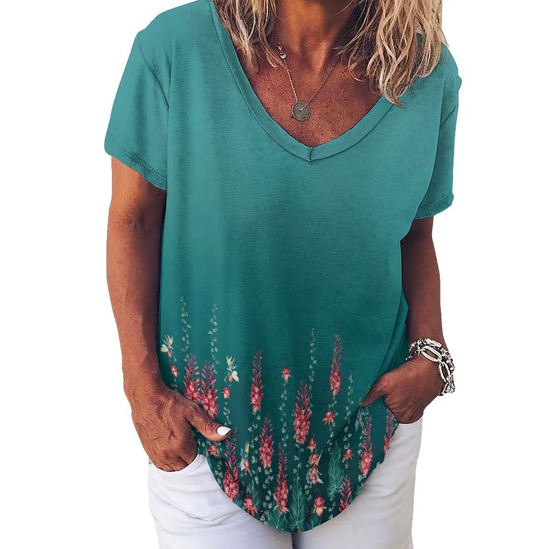 V-neck Short Sleeve Casual T-shirt for  Women Printed with Pattern Floral, Green, Pink