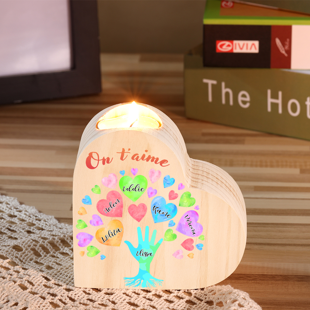 Bougeoir en Bois 6 Prénoms Personnalisés avec Texte sans bougie pour Famille