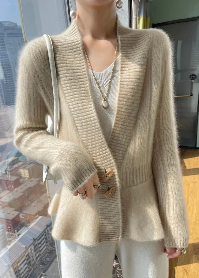 French Apricot V Neck Button Woolen Cardigans Spring