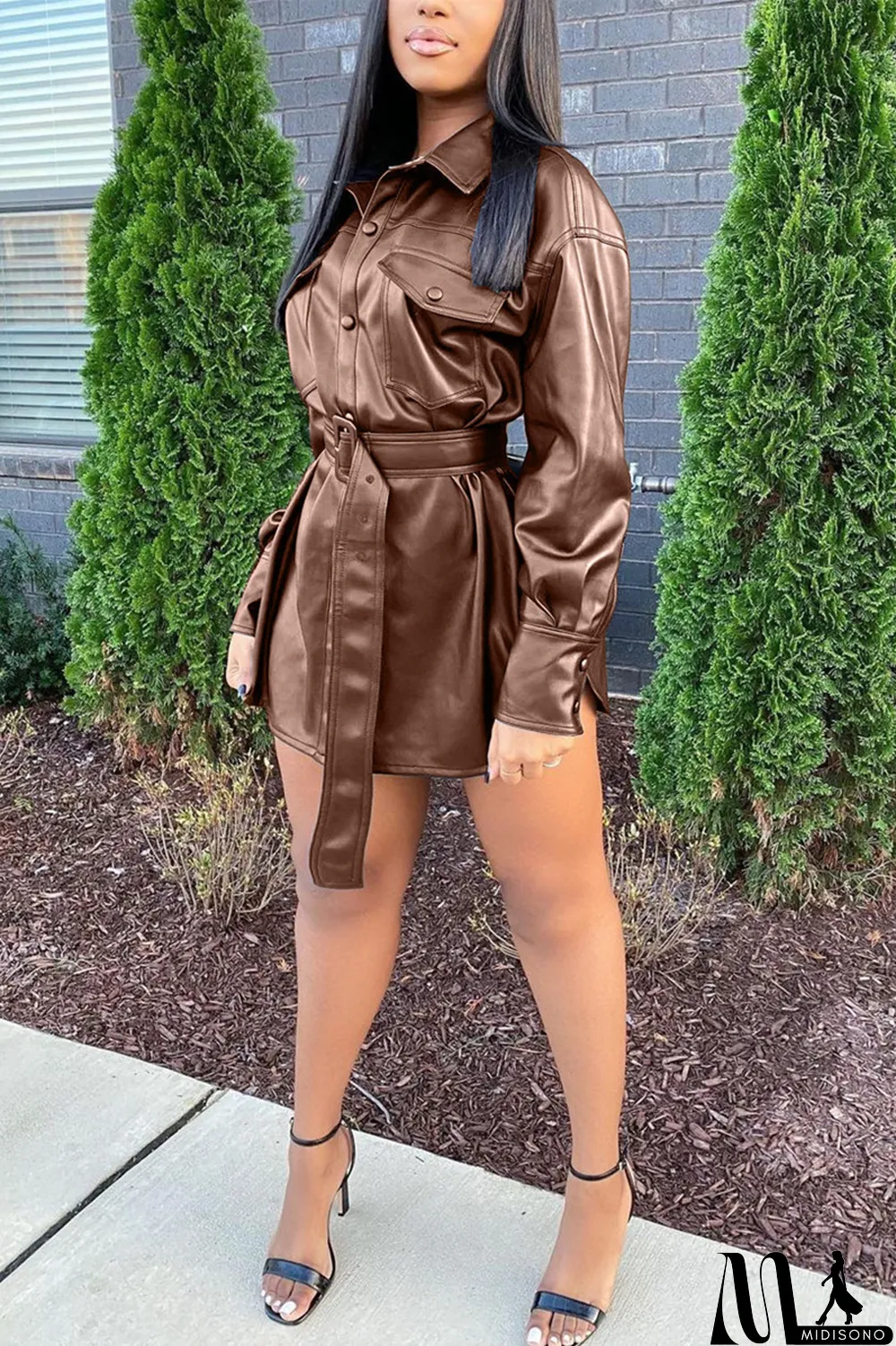 MidiSono - Blue Fashion Casual Solid With Belt Turndown Collar Outerwear