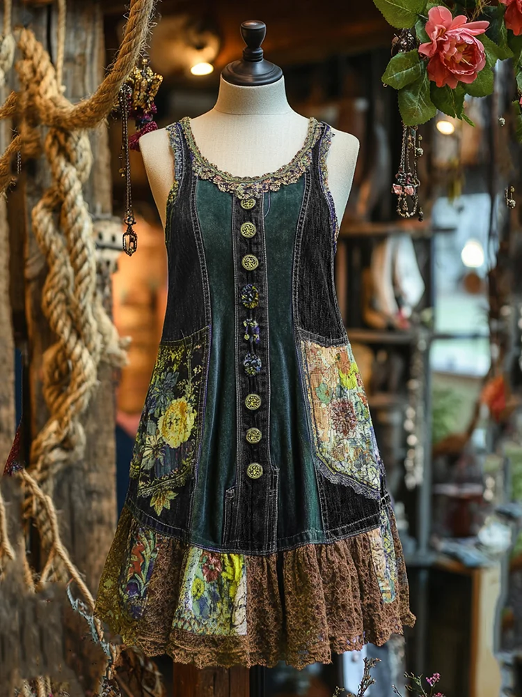 Vintage Denim Patchwork Lace Art Sleeveless Dress