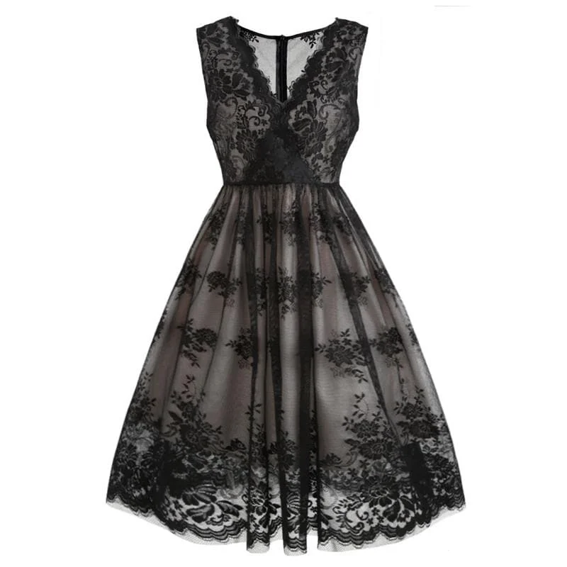 Black Lace Floral Swing Dress SP13906