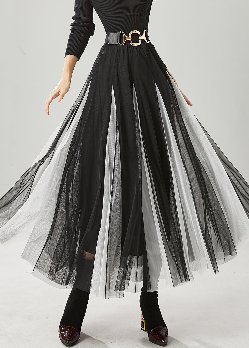 VCSHOES Black White Patchwork Tulle Pleated Skirts Spring