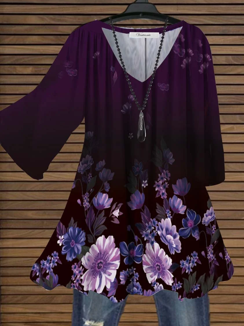 Women Purple Short Sleeve Scoop Neck Floral Printed Top Blouse