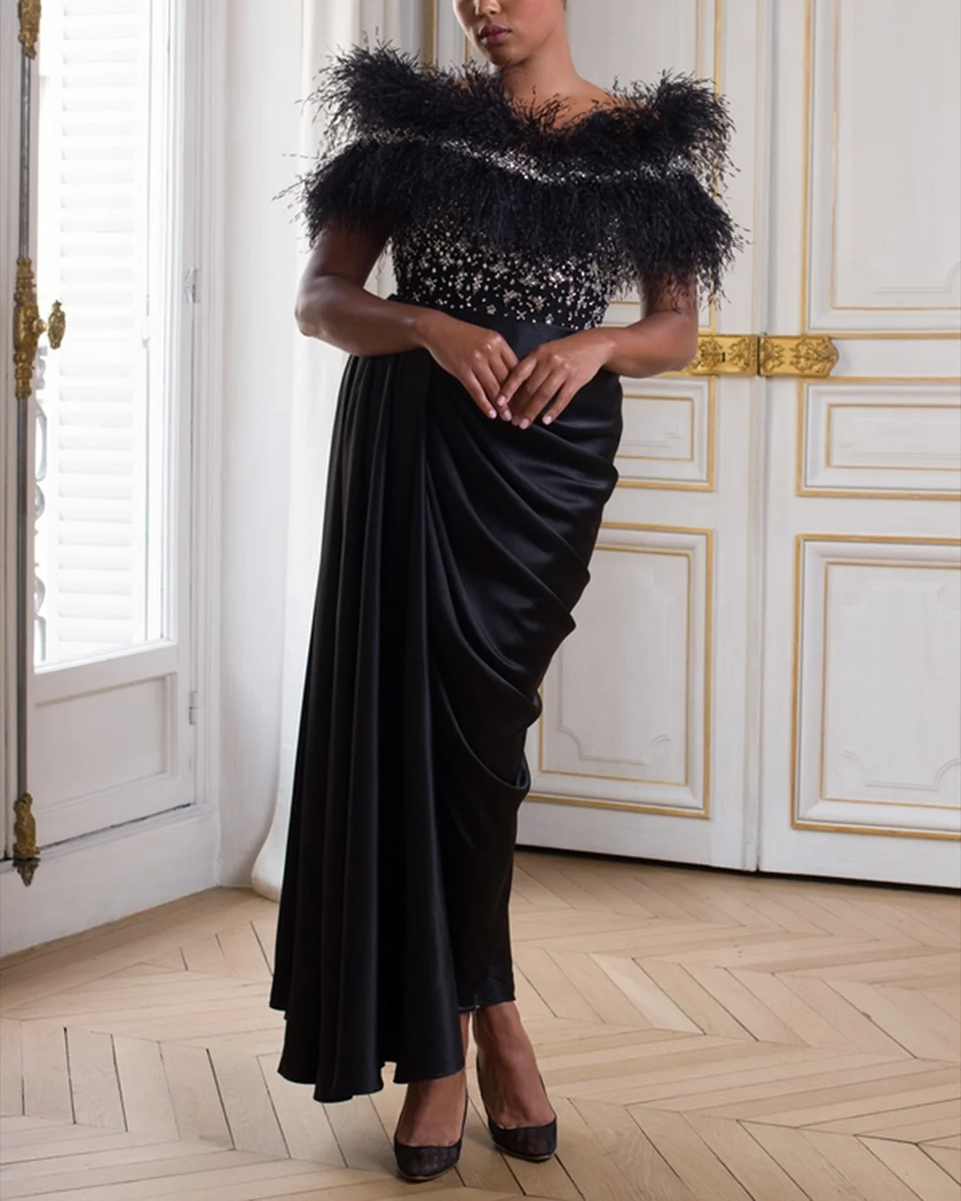Women' Off Shoulder Black Feather Dress ​