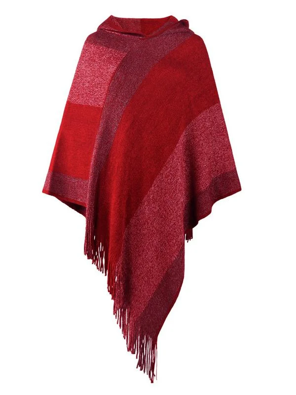 Women's Knit Shawl Fringed Hem Striped Stitching Sweater Top