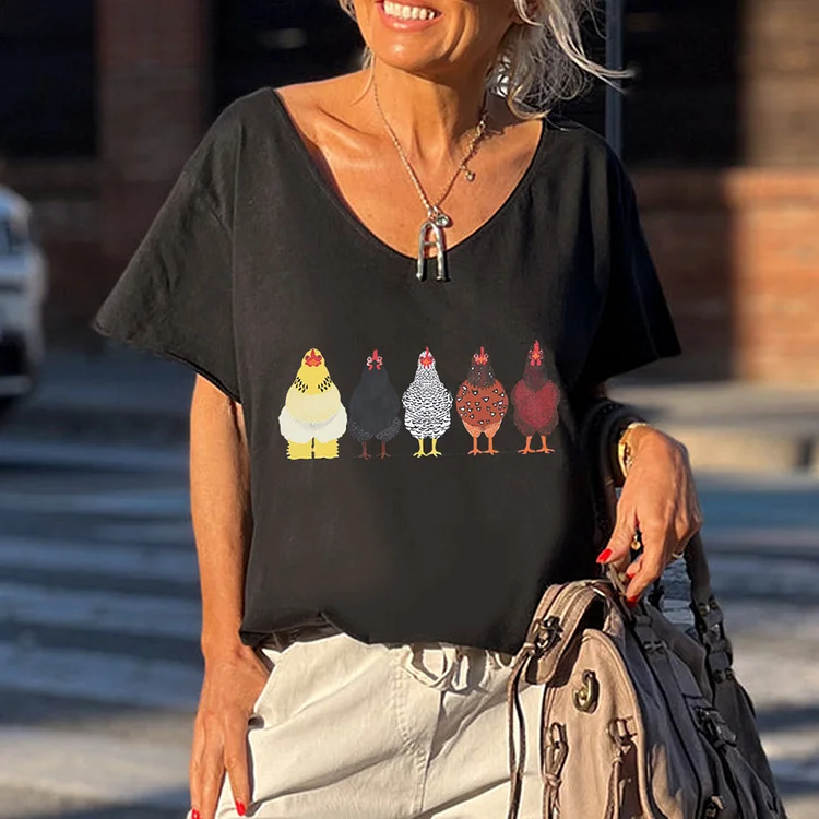 Chickens Village V-Neck Loose Short Sleeve T-Shirt - 03951